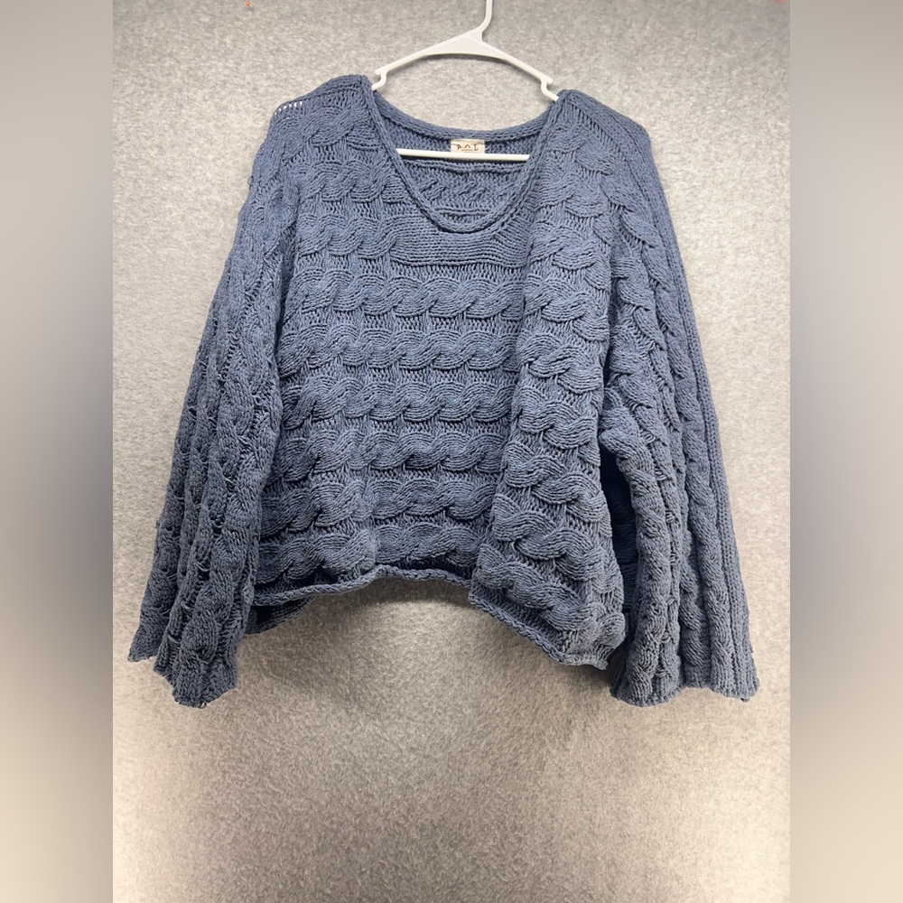 POL Blue Textured Cable-Knit Scoop Neck Sweater